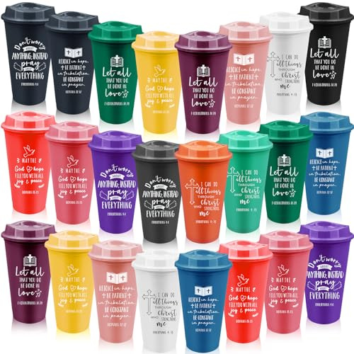 Kaxtde 30 Pcs Reusable Christian Coffee Cups with Lids, 480ml Plastic Religious Mugs Bulk, Bible Verse Cups Gifts for Easter Good Friday Sunday School Church Mother’s Day Favours (5 Styles)