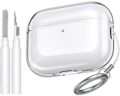 AhaStyle Transparent Hülle für Airpods Pro 3 (2025) Mit Reinigungsstift | Verhindert Vergilbung, Umweltfreundliches TPU, Mit Karabiner, Rundumschutz, Stoßfest, Kabelloses Laden, AirPods Pro 2 Zubehör