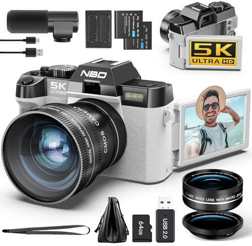 NBD 5K 64MP Appareil Photo numérique avec autofocus, Zoom numérique 16x, Écran IPS 3 180°, WiFi + Lentille Grand Angle/Macro + Micro Externe + Carte 64GB + 2 Batteries (Blanc)