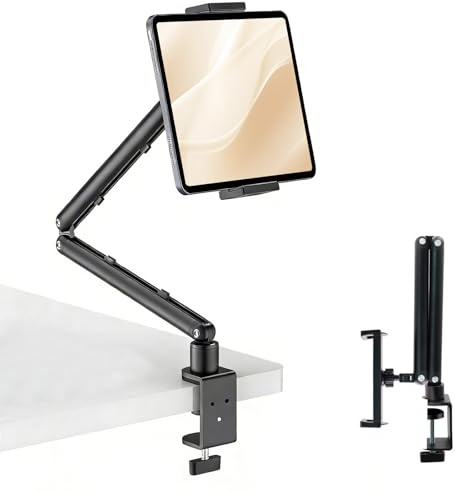 SH-RuiDu Soporte de escritorio de doble brazo para tableta, soporte portátil ajustable de aluminio con abrazadera para teléfono con rotación de 360° para tabletas de 4.9 a 11 pulgadas, monitor de