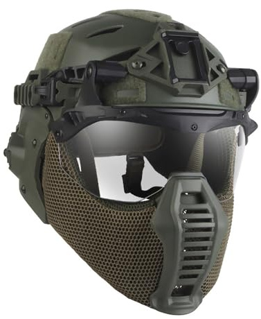 Set Completo di Casco Militare Airsoft Bump, Maschera Tattica Integrale in Rete D'acciaio, Costume da Cosplay di Halloween per Uomo, per Attrezzatura da Paintball Airsoft CQB All'aperto(OD)