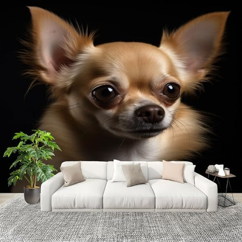 Genérico Papel Pintado Panorámico 200x140 cm Animales Chihuahua Personalizable Fotomurales No Tejido Póster Pared Decoración Negro 3D Duradero y Resistente a las manchas Fotomurales