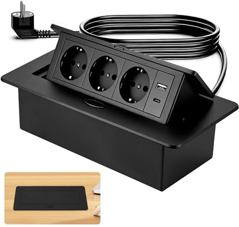 Aluminium Multiprise Electrique, Prise Encastrée de Table avec 3 Prise, Ports USB et Type C, 4000W/16A Bloc Prise Escamotable pour Cuisines Bureaux Salle de Réunion, 1.8M Câble