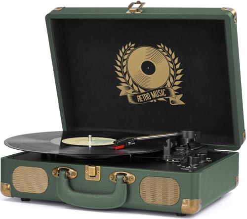 Tocadiscos Bluetooth de Vinilo Vintage, Reproductor de Discos Portátil 33/45/78 RPM, Altavoces Integrados, Salida RCA, Entrada AUX y Conector para Auriculares, Verde Militar