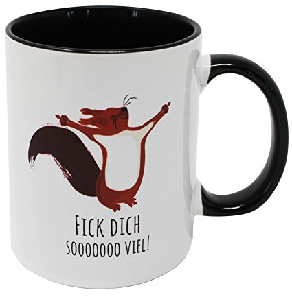 Close Up Fick Dich Soooo viel Tasse mit lustigem Eichhörnchen, Kaffeebecher aus Keramik mit Print und schwarzem Henkel für Morgenmuffel, Spaßvögel, Grummler und Muffelköpfe