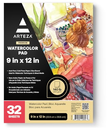ARTEZA Watercolor Paper, 32 Sheets Each, 9x12 Inch Water Color Paper, 140lb/300gsm, Cold Press, Acid Free Art Paper