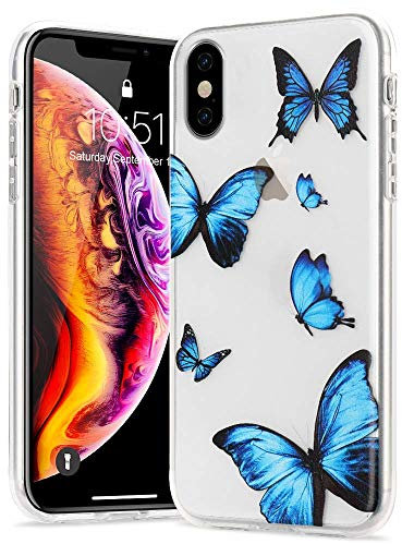 LLZ.COQUE Hülle für iPhone X/Xs Handyhülle Schmetterling Klar Schutzhülle Transparent Butterfly Case Backcover Schmetterling Hülle für iPhone X/Xs Blau