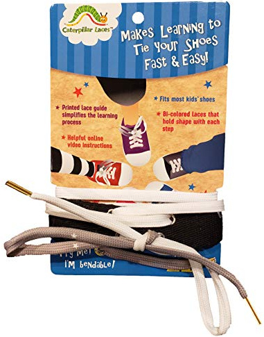 Jahy2Tech Caterpillar Shoe Laces - Learn to tie Shoes Fast and Easy - Bi-Colored, Holds Shape, Printed Guide (Practice Leg Strap and Laces)
