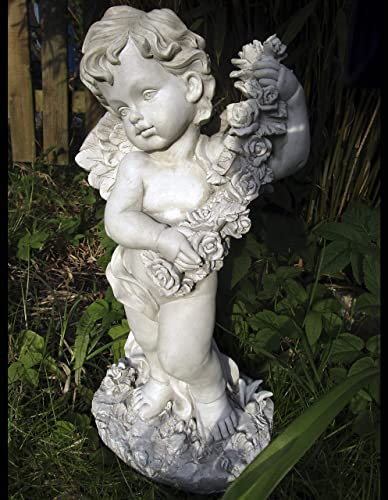 GeKi Trend Statuette d'ange avec roses - Résistante au gel - Décoration de jardin - Blanc antique - Décoration funéraire - Ange résistant aux intempéries - 45 cm de haut
