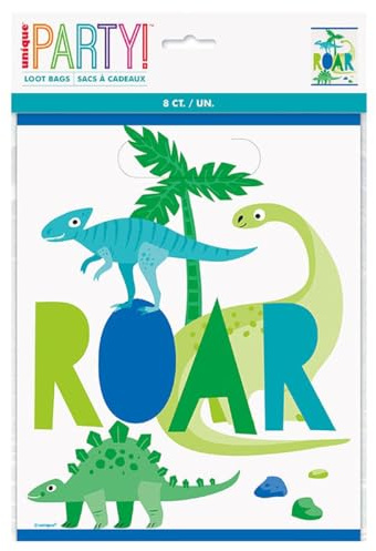 Dazzling Blue & Green Dinosaur Loot Bags (19cm x 28cm) - Fun & Colorful Party Favor Bags - Perfect for Kids Parties & Events - 8ct