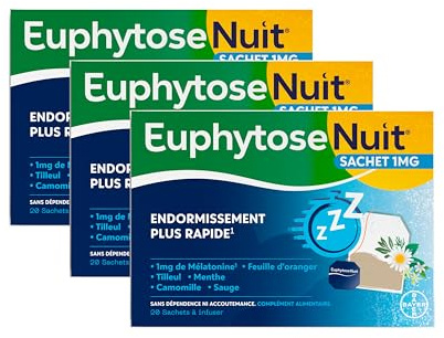 EuphytoseNuit Sachet - Complément alimentaire sommeil adulte - Mélatonine 1mg Endormissement rapide - Feuille d'Oranger - 3 Packs de 20 Sachets à infuser - 20 nuits de sommeil - Fabriqué en Europe