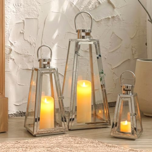 TRIROCKS Set med 3 Stållyktor 54/40/27,5 cm Hög, Metalldekor Ljushållare med Härdat Glas för Heminredning, Vardagsrum, Borddekoration Inomhus och Utomhus (Silver)