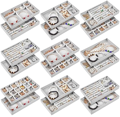 Junkin 18 Pcs Velvet Jewelry Tray Stackable Jewelry Drawer Organizer Jewellery Box Divided Display Tray for Earring Bangle(Gray)