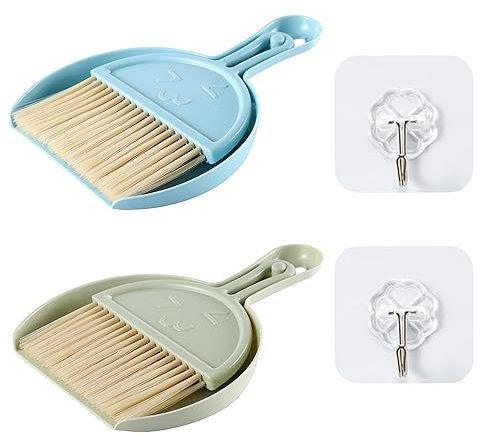 MEMOFYND Lot de 2 pelles à balayette avec 2 crochets, mini kit de nettoyage portable, kit de nettoyage de balayette et pelle à poussière, pinceau de bureau, convient pour le nettoyage du bureau, du