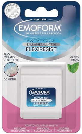 Emoform Filo Interdentale Flexiresist Cerato - Trattato con Sali Minerali e Menta, 30mt - Delicato sulle Gengive Infiammate con Scorrevolezza Ottimale per una Pulizia Denti Profonda.