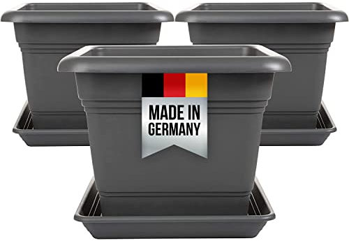 Don - Lot de 3 pots de fleurs - Grand extérieur - 40 x 40 cm - Avec soucoupe - En plastique - Fabriqué en Allemagne - Anthracite