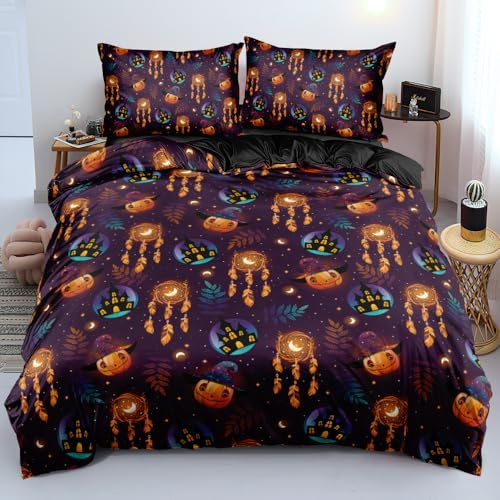 YASMENG Housse de Couette Halloween 140x200 Lanterne Citrouille Château Lune 3D Halloween Parure de Lit Microfibre Linge de Lit Enfants Cadeau avec Fermeture Éclair et Taie d'oreiller 65x65 cm
