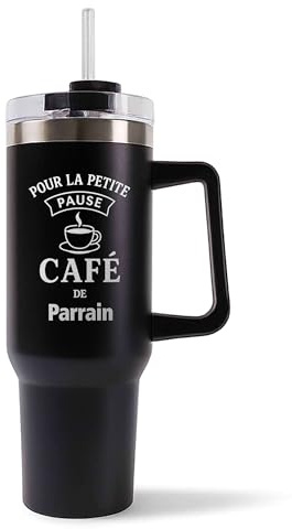 Planetee Mug Isotherme 1,2L - La Pause Café de Parrain Noire – Bouteille avec Anse, Paille et Couvercle – Idée Cadeau Gourde Personnalisée Café