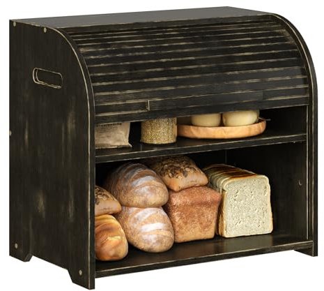 Trironsun Bamboo Roll Top Bread Box for Kitchen Countertop Large Capacity Bread Storage Bin 2 Layer Wooden Bread Storage Organizer Natural Breadbox for Food Storage (Antique Black)