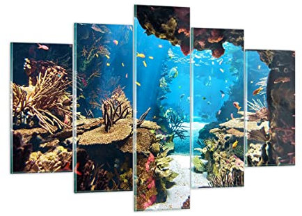 Quadro su Vetro 150x100cm Stampe da Parete in Vetro Oceano Barriera corallina Pesci corallo Grandi Decorazione Murale Camera da Letto 5 pezzi Quadri Moderni Soggiorno Immagini Wall Art GEA150x100-2872