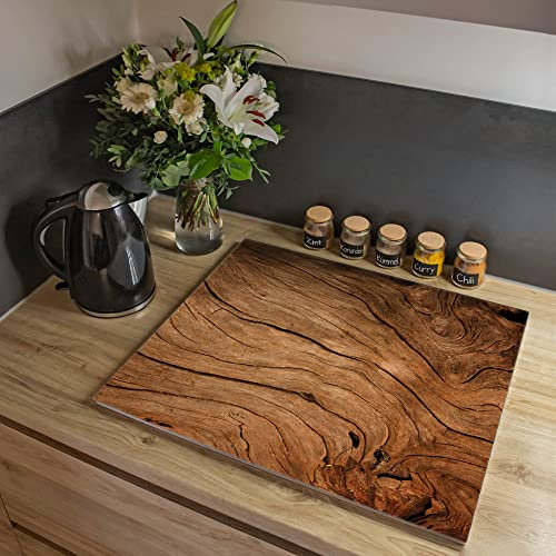 banjado Herdabdeckplatte Glas einteilig 60x52cm - Schneidebrett Herdabdeckung - Herdabdeckplatten Ceranfeld - Schneidebrett Glas - Motiv Trockenes Holz