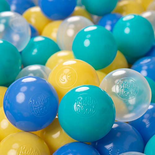KiddyMoon 200 ∅ 6Cm Kinder Bälle Für Bällebad Spielbälle Baby Plastikbälle Made In EU, Türkis/Blau/Gelb/Transparent