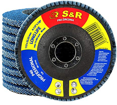 S&R Fächerschleifscheiben Set 10 St, 115 x 22,23 mm in Profi Qualität, Fächerscheiben, T29, Lamellenschleifer Satz für Edelstahl, INOX, Stahl, Körnung P40