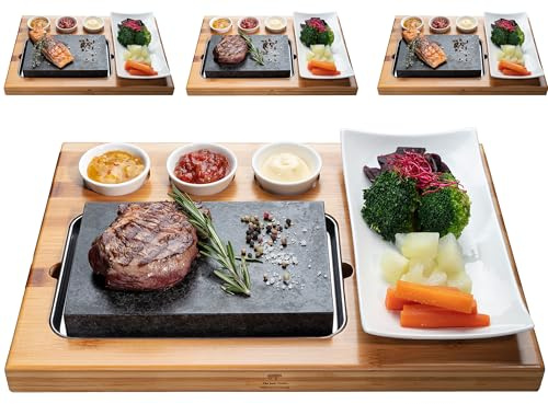 BEEFSTONE Heißer Stein Lavastein Steak-Brett Hot Stone Steingrill Set aus Bambusbrett Lavastone und Porzellan-Platte, Fleisch, Fisch grillen auf heißem Stein (4 x Uno)