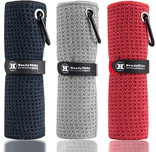 Handy Picks Mikrofaser-Golf-Handtuch (40,6 x 40,6 cm) mit Karabiner-Clip, Waffelmuster, Golf-Handtuch, Klettverschluss – das praktische Golf-Reinigungstuch, Schwarz/Grau/Rot