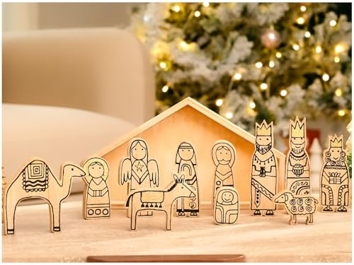 WONDROUS' DECO Wooden Nativity Set,12Pcs Christmas Tabletop Scene-7 Tall, Small Nativity Ornament for Christmas Decor,Paintable Wood Nativity Sets&Figures,Unique