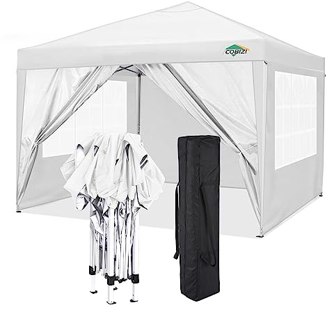 COBIZI Vikbar paviljong 3 x 3 m, popup-paviljong, vikbar med 4 sidoväggar | vattentät | UV-skydd 50+ | trädgårdspaviljong, festtält för trädgårdsfest, marknad, picknick | inkl. väska (vit)
