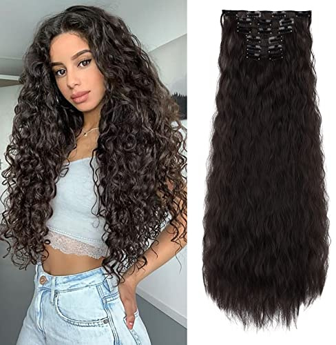 FLUFYMOOZ Clip in Extensions, 60cm 6PCS Lange gewellt Wellige Clip in Haarverlängerungen Dickes Natürliches Weiches Synthetisches Haarteil Für Frauen Mädchen Schwarz Braun