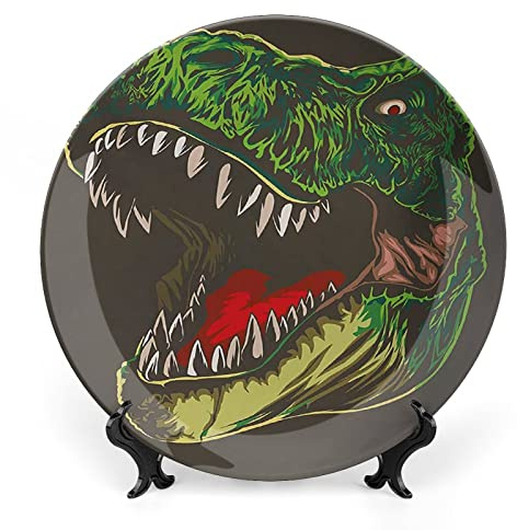 XISUNYA 6 Inch Decorative Plate, Dinosaur Tableware Plate, Aggressive Wild T Rex Head Colorful Hand Drawn Print Ceramic Wall Hanging for Home Office Party Dinner Table Decor