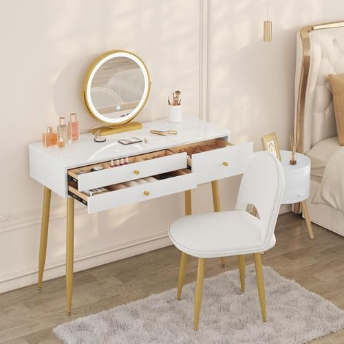 WOLTU sminkbord med belysning, justerbart LED spegelljus, sminkbord med 3 lådor, stor bordsskiva 100x40 cm, kosmetikbord med sammetspall, vit+kräm+guld, MB6105ws