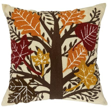 Alysheer Embroidered Fall Decorative Throw Pillow Cover 18x 18, Boho Farmhouse Cottage Tufted Embroidery Pattern Cotton Canvas Orange Cushion Case for Sofa Couch Bed Living Room Decor(Maple Leaves)