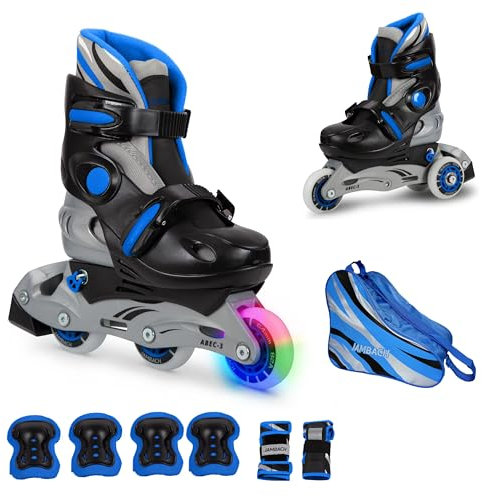 JAMBACH Kinder Inliner Set mit Protektoren verstellbar zum Rollschuh mit LED (Blau, M (34-37))