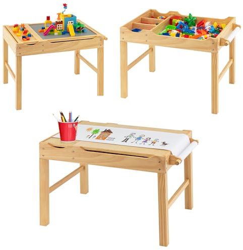 LIFEZEAL 2 in 1 Kindertisch, Zeichentisch mit Stauraum, Multifunktionaler Aktivitätstisch mit Papierrolle & umkehrbarer Tischplatte, Spieltisch für Kinder ab 3 Jahren (Natur)