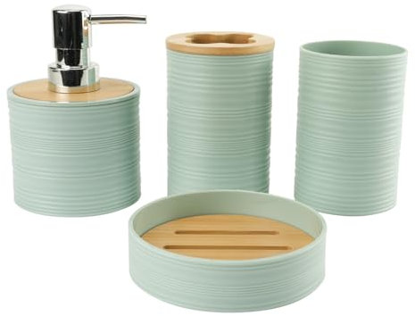 Hosoncov Ensemble d'accessoires de salle de bain 4 pièces distributeur de savon, tasse, porte-savon, brosse à dents et support de dentifrice (Morandi vert)