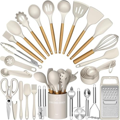 Terlulu Kitchen Utensils Set, 34PCS Silicone Cooking Utensils Set with Wooden Handle, Heat Resistant Silicone Utensil Set, Tongs Spatula Spoon Set for Nonstick Cookware, Kitchen Tools (Khaki)