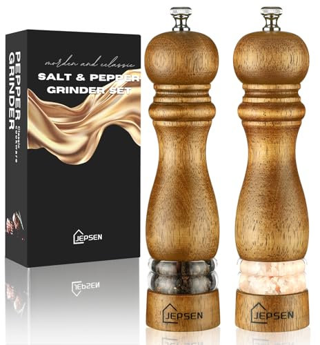 8 inches Salt and Pepper Grinder Set，Jepsen Manual Wooden Salt and Pepper Mill Set Spice Grinder refillable，with Adjustable Ceramic core Salt Grinder 2 Pieces
