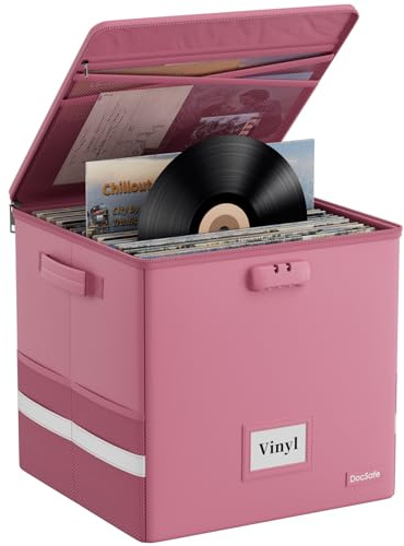 DocSafe Vinyl Record Storage Box with Lock, Fireproof＆Water Resistant Record Organizer for 100+ Single Records(12-inch), Collapsible Storage Crate with Lid&Handles for Valuable Album Collection,Pink