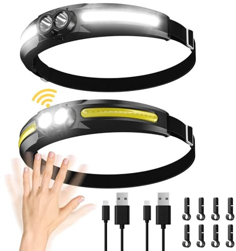 MoKo Stirnlampe LED Wiederaufladbar, 2500 mAh & Superheller 750 Lumen Stirnlampe Led, 2 Stück 300° Breit Kopflampe mit Gestensensor, 7 Lichtmodi Wasserdicht Stirnlampen für Outdoor Camping Angeln