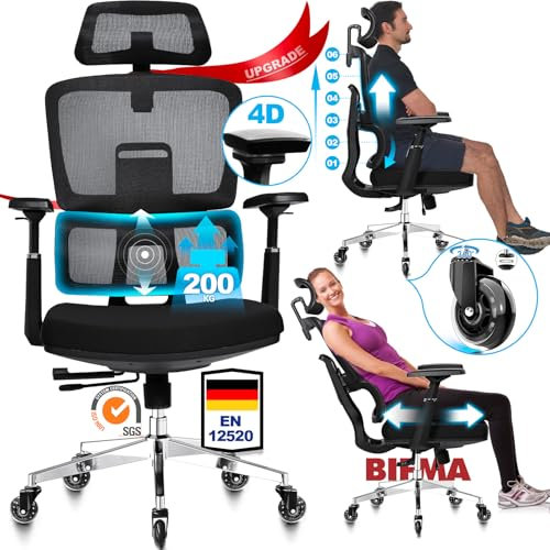 MELOKEA Bürostuhl 200KG, Ergonomisch Testsieger, Geräuschlose Gummirollen, 6-Fach verstellbare Rückenlehne, 4D Armlehnen, 3D Kopfstütze, verstellbare Sitztiefe, Schwarz