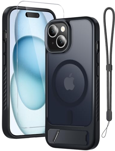RMOCR for iPhone 15 Phone Case with Screen Protector+Lanyard Wrist Strap,Magnetic Translucent Matte Rugged Tough Hard Cover Built in Invisible Kickstand,[Fit for MagSafe][Slim Fit Thin],Black