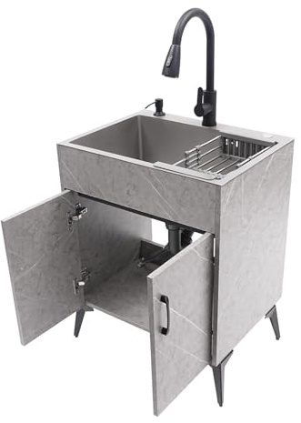 Laundry Sink with Cabinet, Heavy Duty Slop Freestanding Utility Sinkwith Pull-out Faucet&Gravity Ball&Drain Basket for Washing Room Basement Garage Shop Single-Bowl (Gray, 23.6 * 17.7 * 46In)