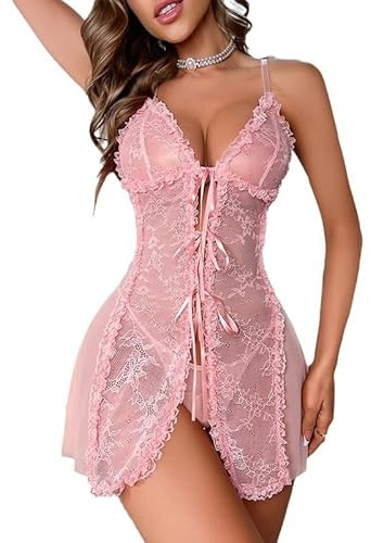 VicSec Women Sexy Lingerie Set Lace Hollow Wireless Push Up Pajama Pink