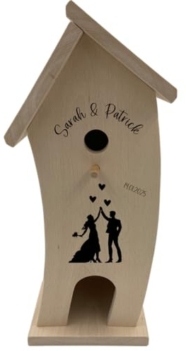 Personalisiertes Vogelhaus zur Hochzeit | Vogelhaus mit Namen als Gravur (Liebespaar, Standard)