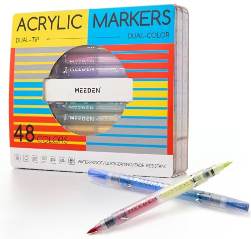 MEEDEN Lot de 24 marqueurs de peinture acrylique à double pointe : 48 couleurs/lot de 24 marqueurs acryliques à pointe pinceau avec contrôle automatique de l'encre pour fournitures artistiques