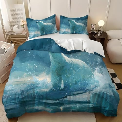 Disegno di Un Orso Polare Copripiumino 2 Persona con Cerniera 200x200 cm Blu Set Biancheria da Letto in Microfibra, Lavabile in Lavatrice, per Bambini, Adolescenti e Adulti