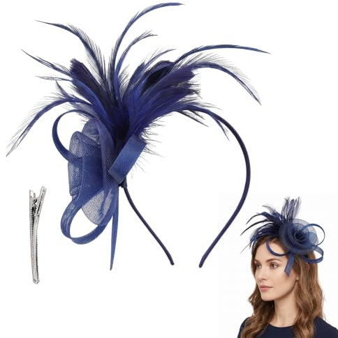 WADUBI Marinblå fascinator hårklämma, vintage spetsfjädernät, bröllop, födelsedag, trädgårdstea, en storlek